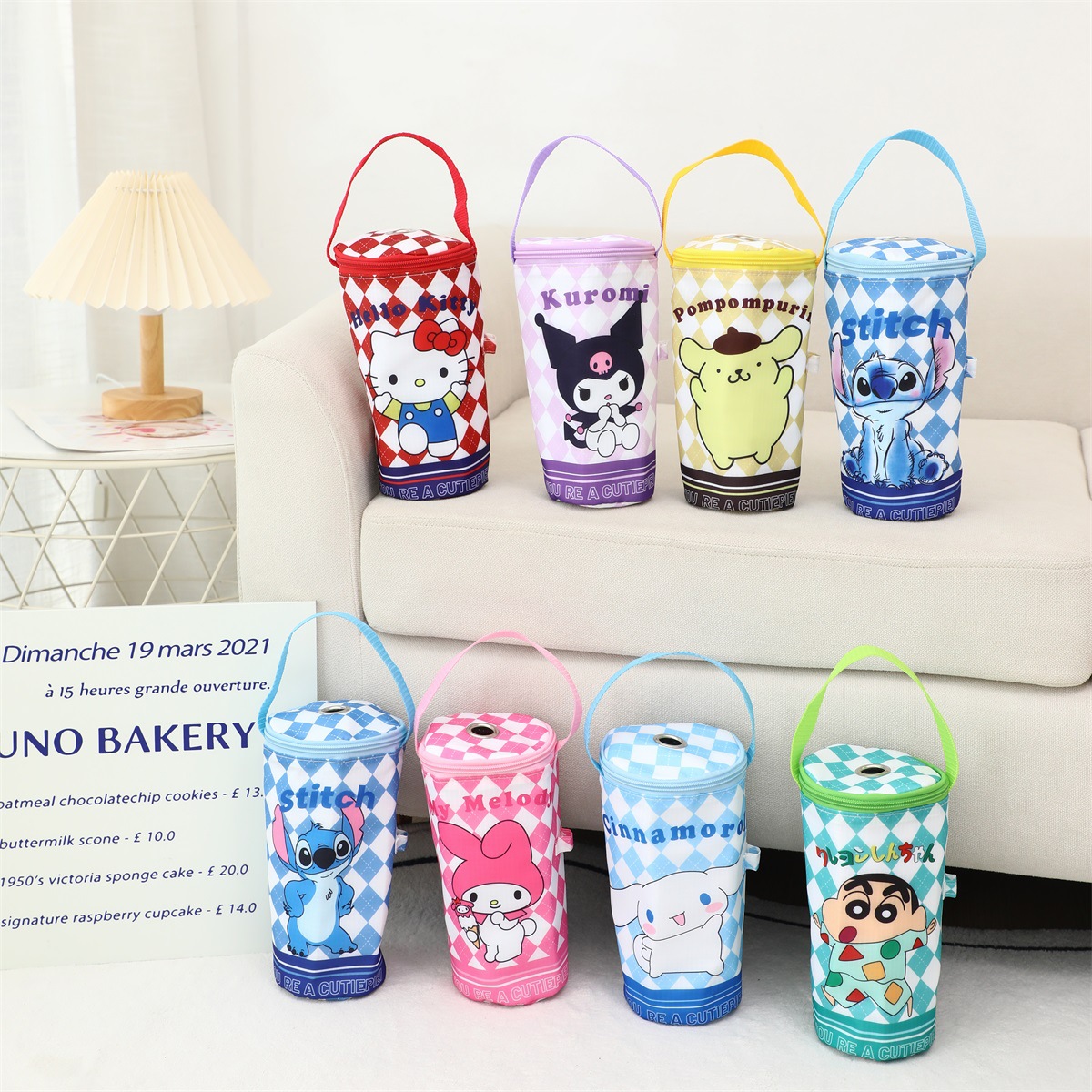 日式菱格印花库洛史迪仔小新奶茶杯套饮料杯袋手提拉链便携收纳袋