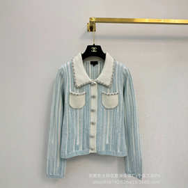重工水钻翻领针织开衫女小香风短款显瘦上衣女春秋外套