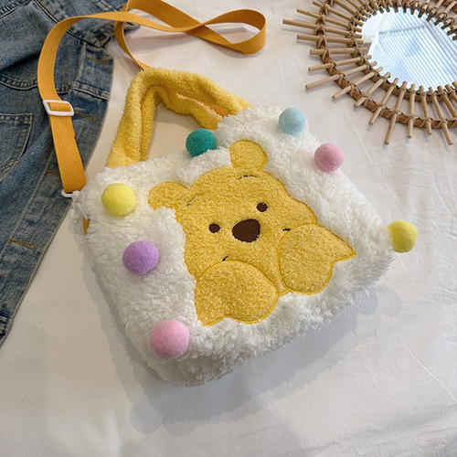 Japanese-style new children's fuzzy ball Winnie the Pooh SpongeBob single-shoulder cross-body bag cartoon toy figure bag wholesale