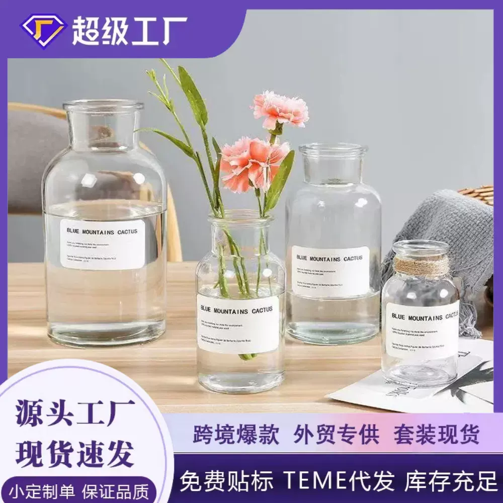 跨境新款玻璃花瓶北欧小棕瓶ins风家居客厅装饰摆件饰品透明水培