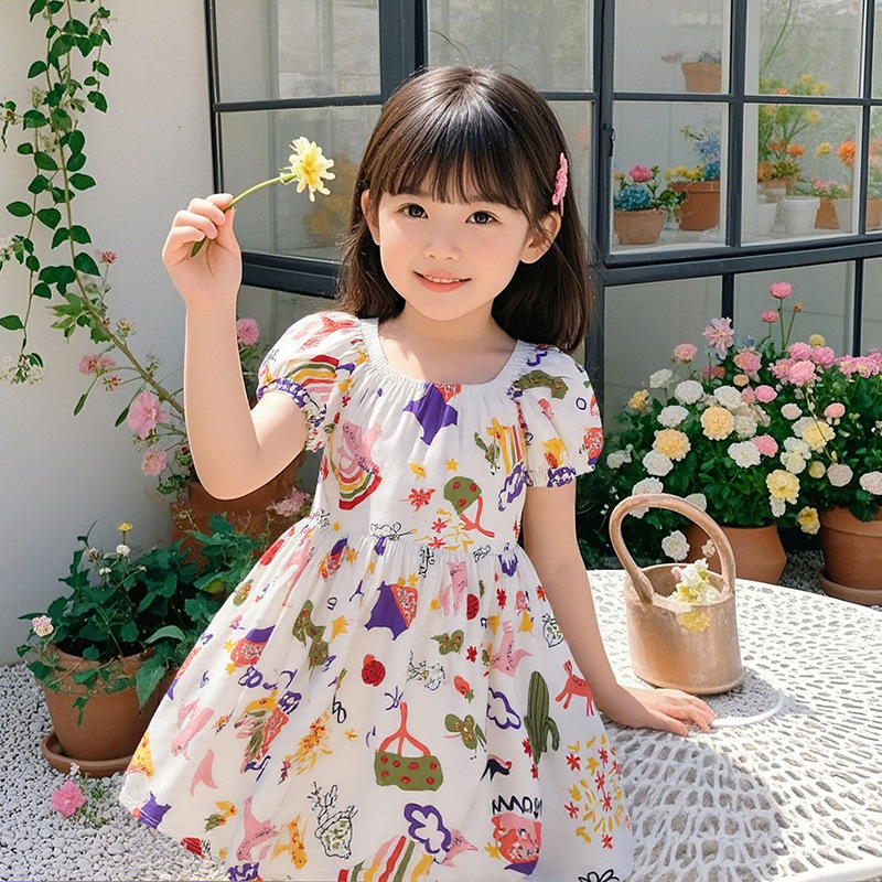 Girls' Summer Dress, Stylish Princess Dress for Children, Suitable for Older Girls, Breathable Cotton Summer Dress for Little Girls