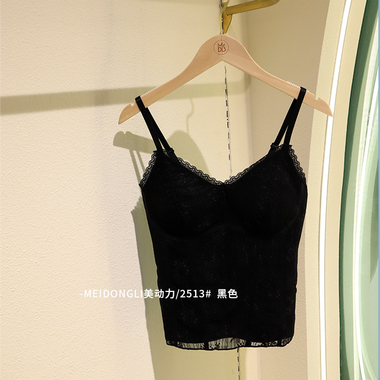 早春新款法式复古纯欲碎花蕾丝带胸垫一体杯小吊带美背心|undefined