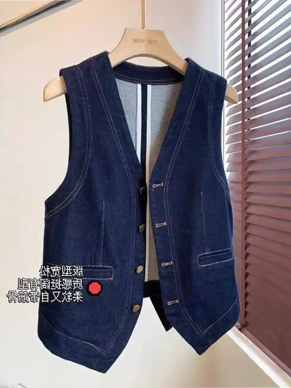 Áo vest denim nữ không tay cổ chữ V phối lớp phong cách retro, dáng ôm tôn dáng, dài 50–65 cm — Áo vest denim màu xanh (hàng có sẵn), Áo vest màu xanh đậm (có sẵn), Áo vest màu xanh đậm