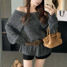秋季法式新款慵懒风一字肩翻领软糯宽松百搭中长款针织衫毛衣女