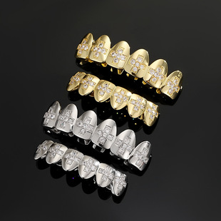 European and American Hip-Hop Braces Cross Inlaid with Zircon Braces Halloween Funny Male Stylish Big Gold Teeth Grillz Cross-Border