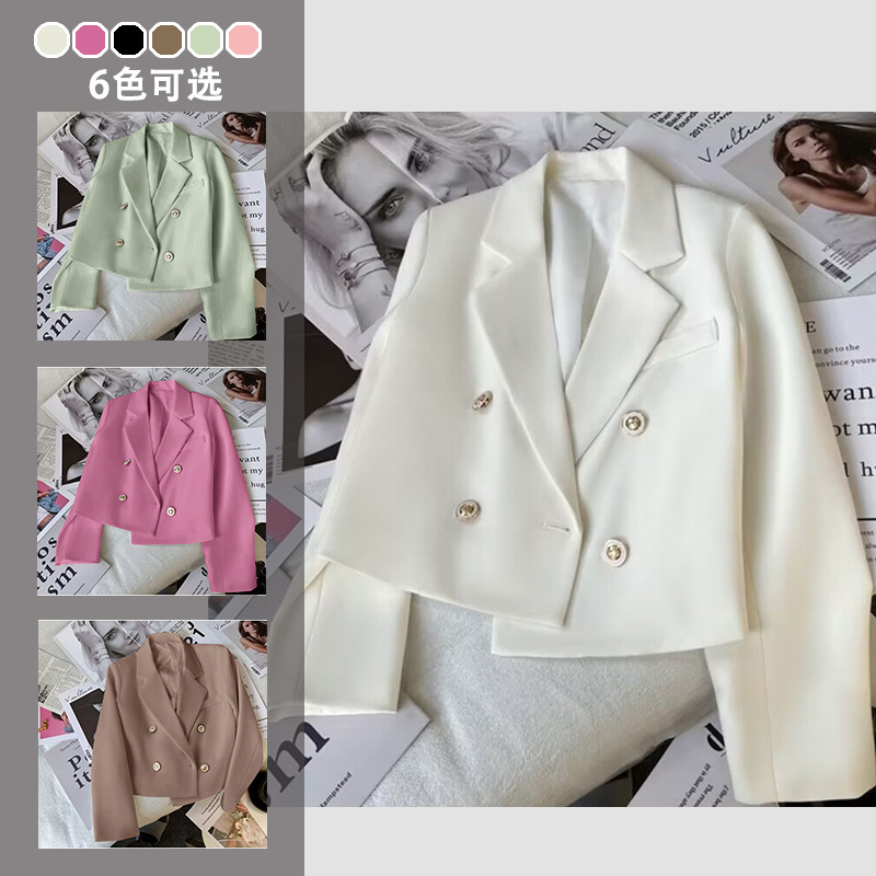 Double-Breasted White Blazer for Women, Slim Fit, 2024 Spring and Autumn, High-Waisted, Short Style for Petite Figures, High-Waisted and Slimming