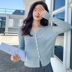 2025 春夏韓国服ルーズサマーシルクリネンセーターカーディガンセーター女性の長袖ショートトップ