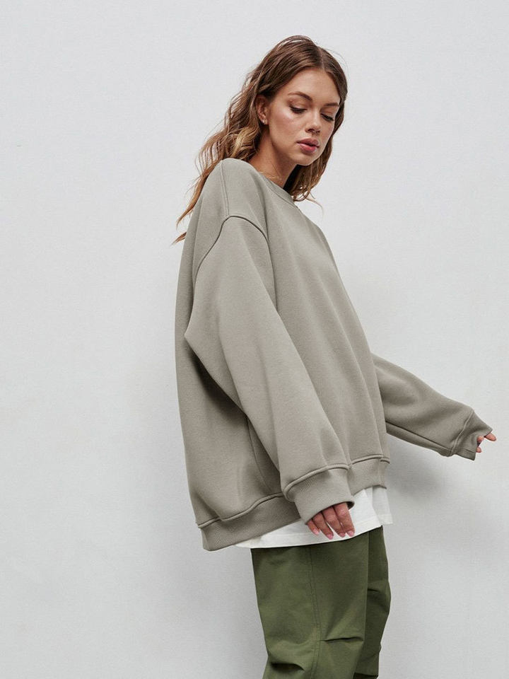 Áo sweatshirt nữ cổ tròn dáng rộng oversize tay dài chất liệu nỉ lông — Hoa màu xám, Màu cà phê, Màu trắng, Xanh navy chi tiết 38