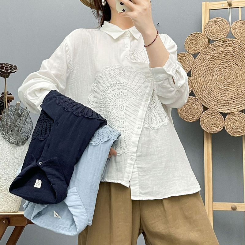 Wholesale Sunflower White Shirt Women's Long Sleeve 2025 Spring and Autumn New Embroidered Top Unique Embroidered Style Shirt Wholesale Sunflower White Shirt Women's Long Sleeve 2025 Spring and Autumn New Embroidered Top Unique Embroidered Style Shirt