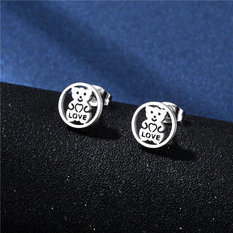 Simple Geometric Round Hollow Love Bear Stainless Steel Necklace Earrings Set