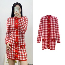 南油高端女装秋冬新款法式复古针织裙格子提花长袖半高领连衣裙女