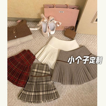 毛呢百褶半身裙女秋冬学院风小矮个子高腰A字短裙显高防走光