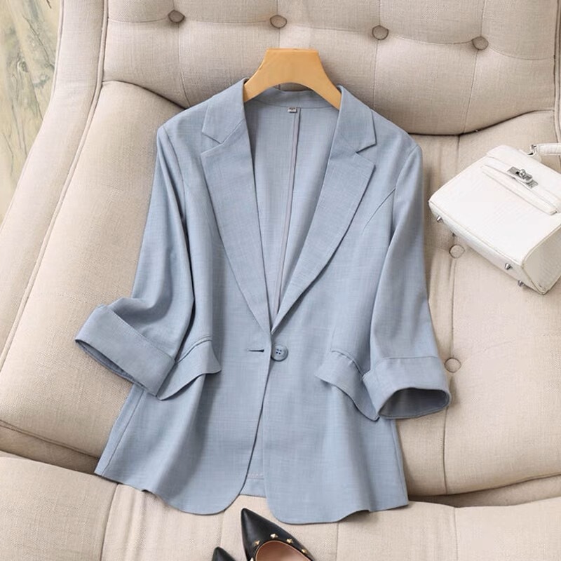 Spring and Summer New Korean-style Tencel Linen Small Suit Jacket Women's Thin apricot Seven-point Sleeve Slim-fit Suit Top