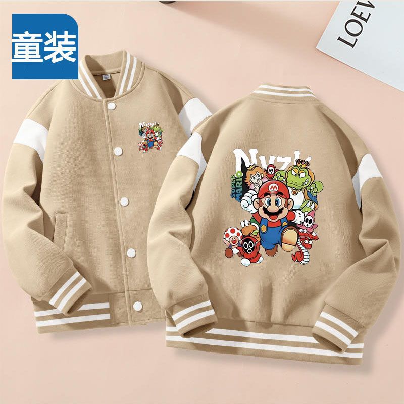Autumn and Winter Boys' Crewneck Jacket Coat Mario Button Cardigan Casual Coat Children's Spring and Autumn Baseball Suit Trendy