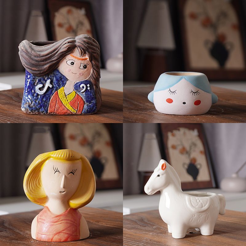 Ceramic Succulent Flower Pots with Cute Cartoon Animal Characters, Simple and Creative Designs, Breathable Coarse Pottery for Desktop Decoration Ceramic Succulent Flower Pots with Cute Cartoon Animal Characters, Simple and Creative Designs, Breathable Coarse Pottery for Desktop Decoration