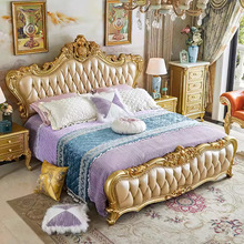 欧式全实木床1.8米真皮双人床雕花公主床别墅主卧室头层牛皮婚床