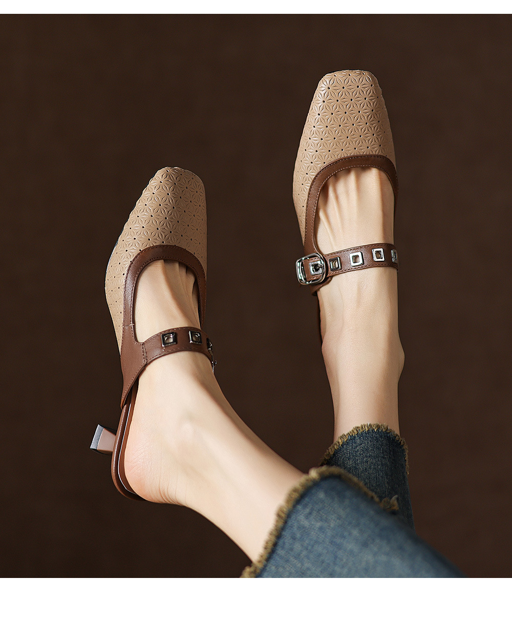 Sandal nữ quai ngang mũi vuông gót 5 cm phối màu — màu trắng ngà chi tiết 17