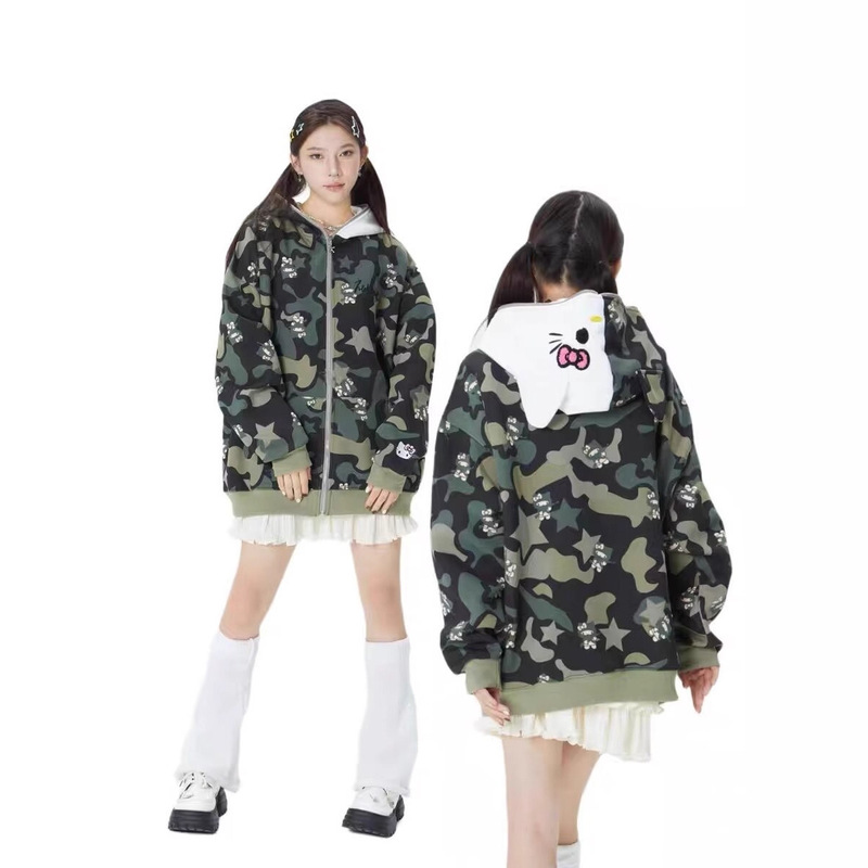 Cross-Border American Hello Kitty Embroidered Camouflage Cardigan Hooded Sweatshirt Couple Casual Foreign Trade Amazon Zipper Jacket