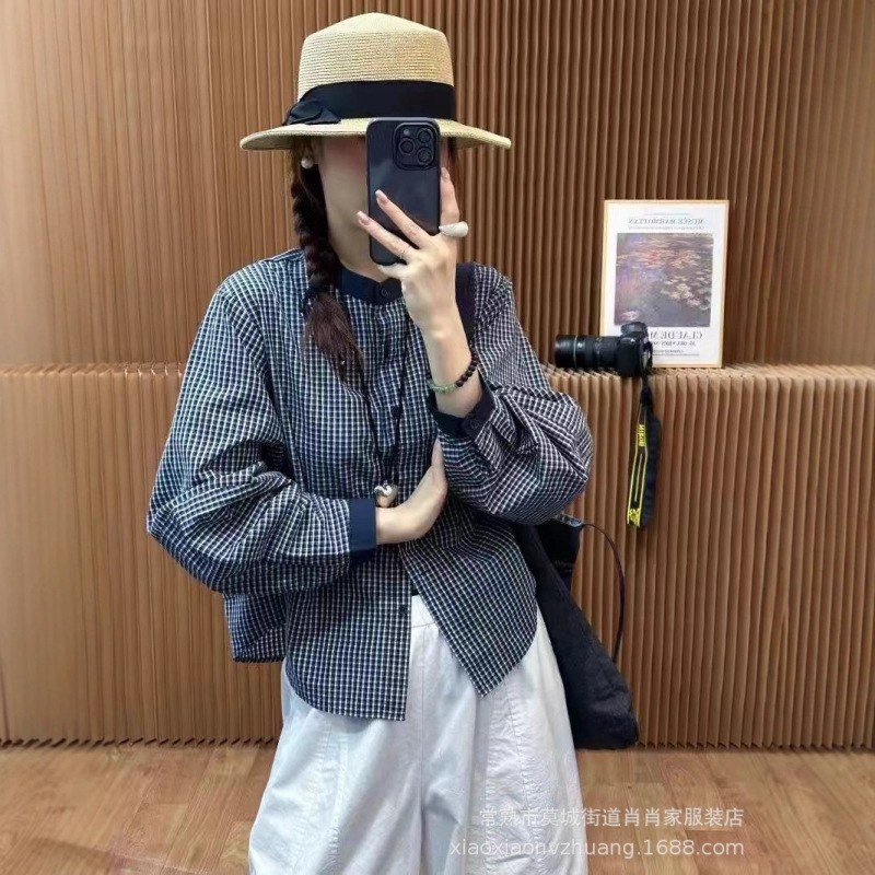 法式格纹长袖衬衫2025简约韩系时尚撞色圆领单排扣百搭休闲上衣女|undefined