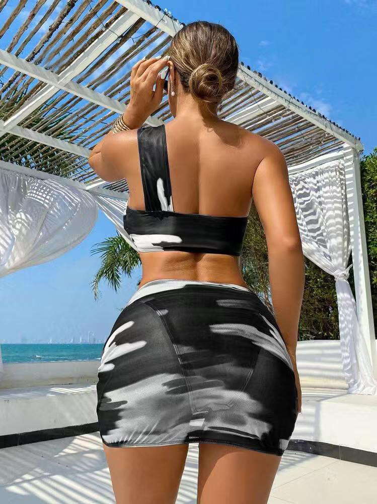 140g Weight Sleeveless Sleeve Length Polyester Fabric Type 3 Pieces Set Quantity Swimming Occasion One Shoulder Neckline Skinny Fit Type Colorful Pattern Women's Gender Sexy Style Women's Sexy Colorful 3 Pieces Set Bikinis Swimwear 10