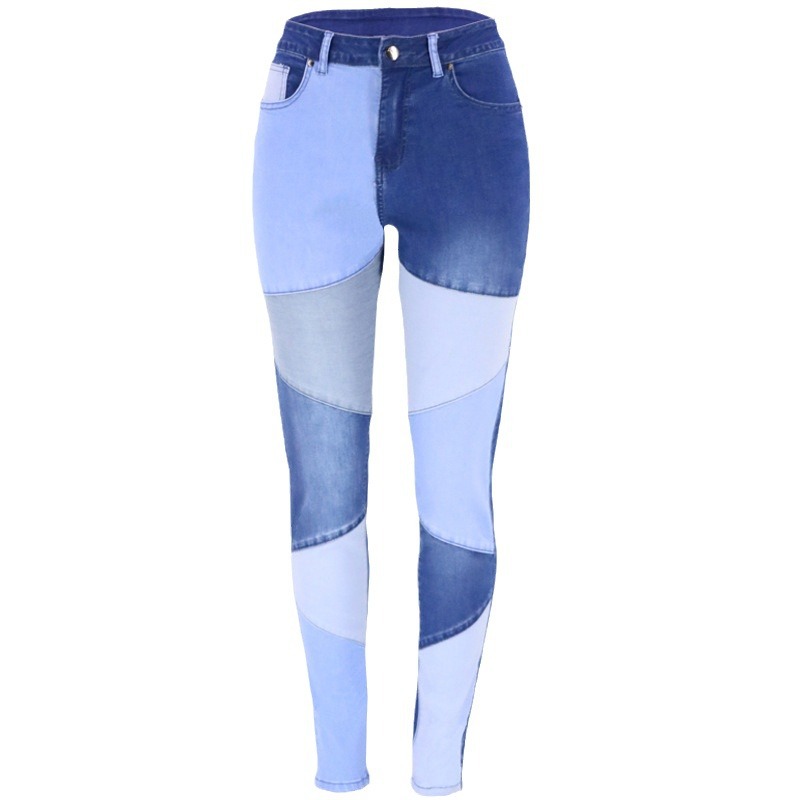 Otoño 2025 en stock, ropa de mujer de talla grande, vaqueros de mezclilla lavados de algodón a la moda con parches azules y negros, estilo transfronterizo.