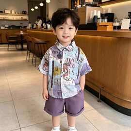 2026涂鸦男童帅气衬衣夏季新款上衣洋气宝宝衬衫儿童短袖外穿开学