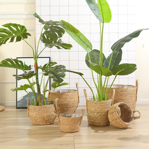 Nordic seagrass woven flower basket home living room piano leaf flower pot ornaments flower basket rattan woven portable straw flower pot home