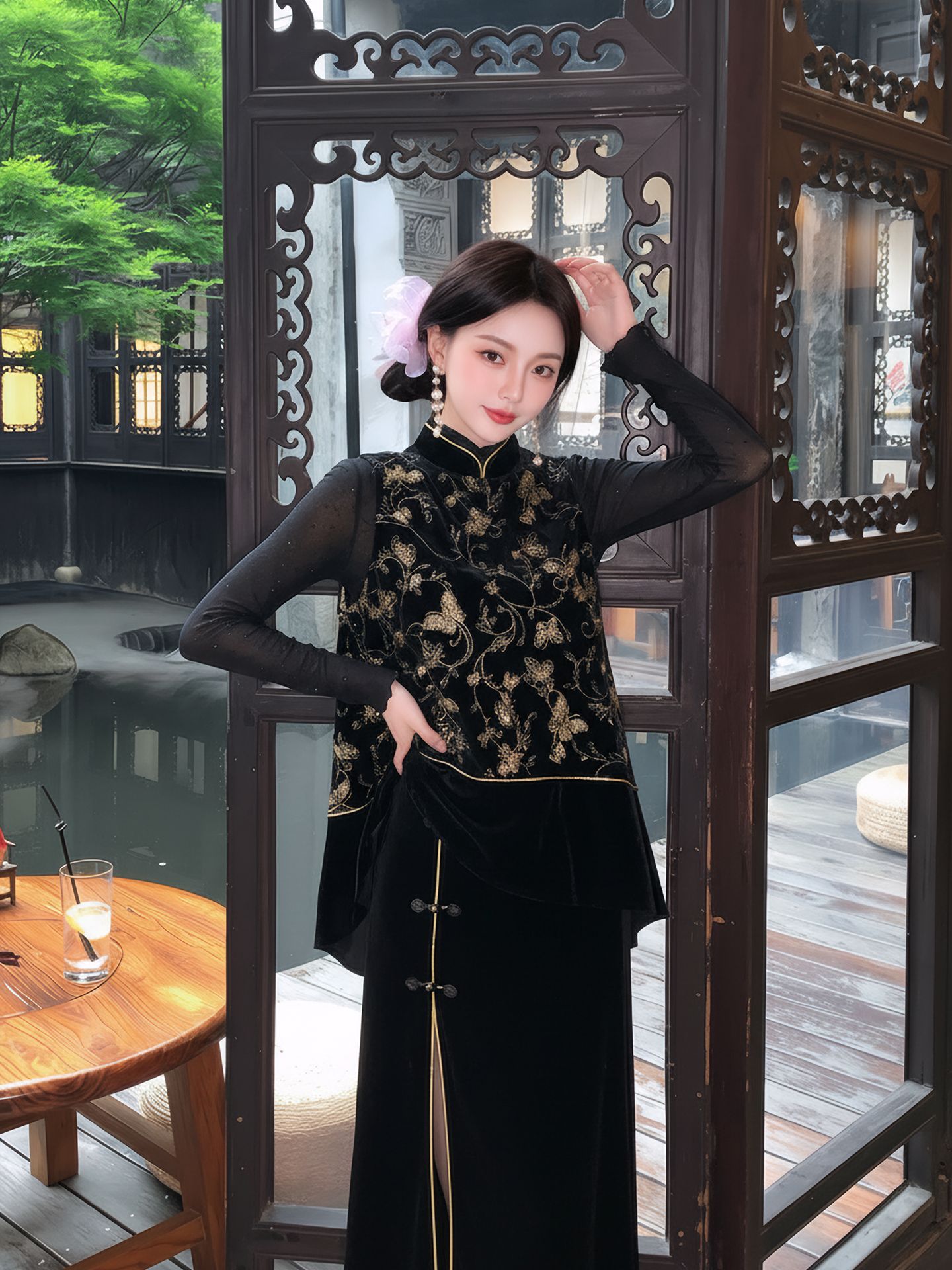 Bộ áo vest không tay thêu sequin đen vàng + chân váy nhung xẻ tà phong cách Trung Quốc mùa xuân hè — váy, áo vest