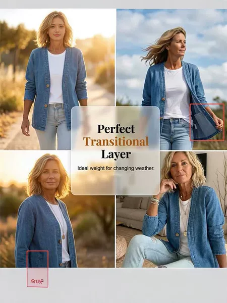 2026 New European and American Style Denim Cardigan for Women, Long-Sleeve Jacket, Casual Versatile V-Neck Single-Breasted Spring and Autumn Transitional Style