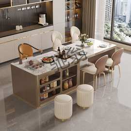 IRo现代轻奢岩板岛台餐桌一体可伸缩多功能厨房吧台桌家用茶桌餐