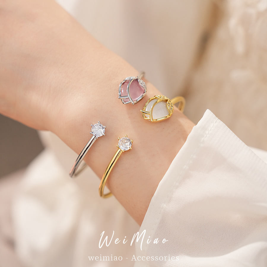 Zircon piedra de ojo de gato tulipana flor abertura pulsera temperamento minimalista pulsera de moda ligera joyas de nicho al por mayor