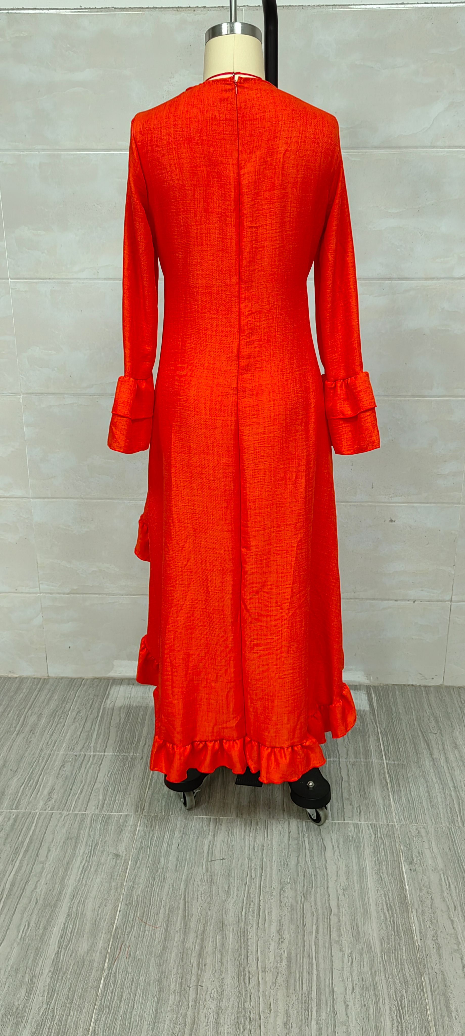Böhmisches Langarm Maxi-kleid Mit V-ausschnitt Und Rüschensaum_voghion.com