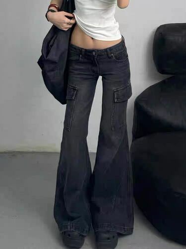 American-style spicy mini workwear bell-bottom jeans for women, new pocket slimming hidden leg pants, fashionable casual pants
