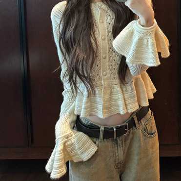 针织开衫上衣女秋季法式复古风镂空钩花荷叶边长袖设计感短款毛衣|undefined