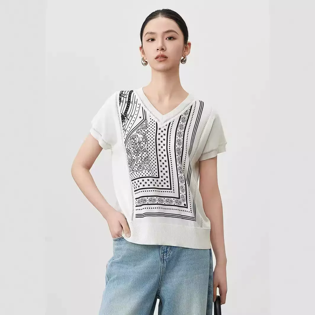 真丝轻奢时尚女装印花小众设计感T恤上衣打底百搭桑蚕丝短袖批发