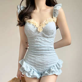 新款ins风奶油兰甜美女小胸钢托聚拢性感纯欲度假温泉连体游泳衣