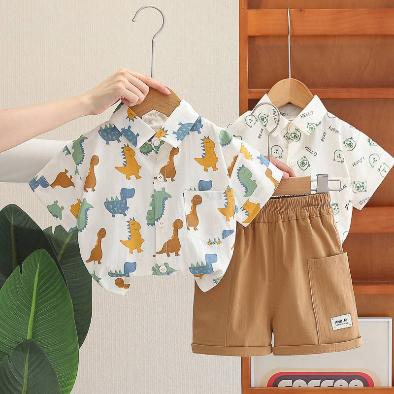 Boys' summer suit 1-5 years old male baby cartoon dinosaur shirt short sleeve two-piece children's casual wholesale tide