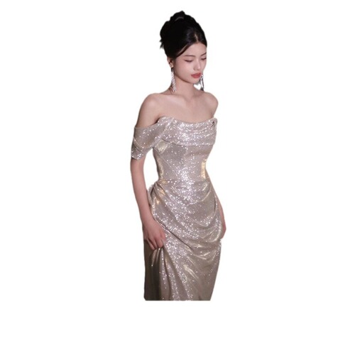 One-shouldered evening dress, new style, high-quality, bright and flashing, toasting dress, elegant banquet host, female