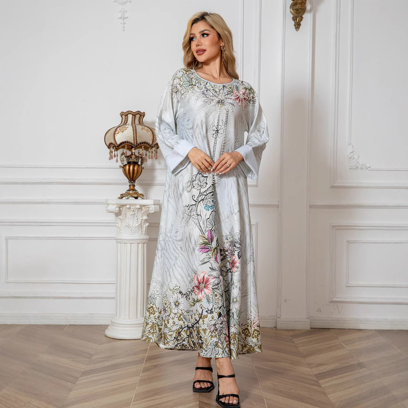 Sw1006 Cross-Border Robe with Printed Patterns, Beaded and Diamond-Embellished, European and American Foreign Trade Long Dress, Abaya