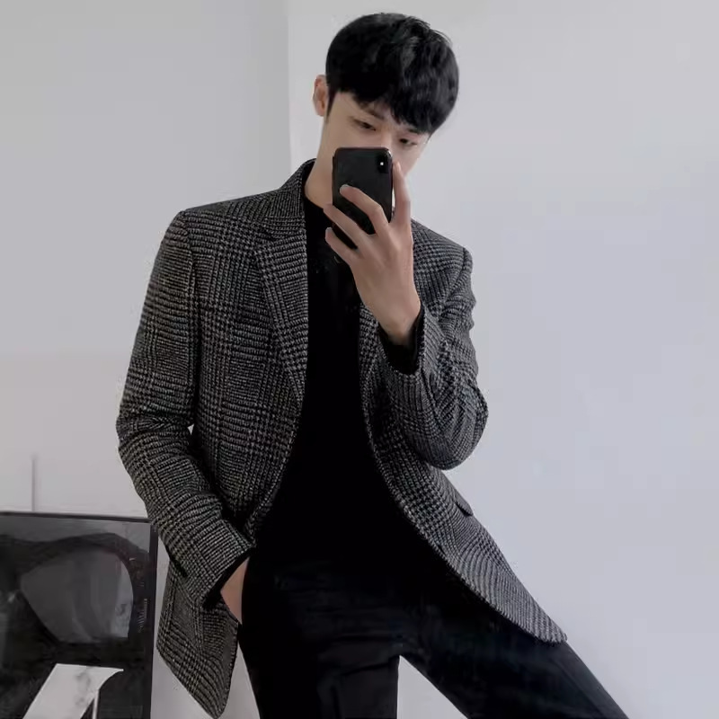 [Clearance] Retro Plaid Suit Winter Woolen Cloth Korean Fashionable Jacket Casual Youth Handsome Slim Thickened West