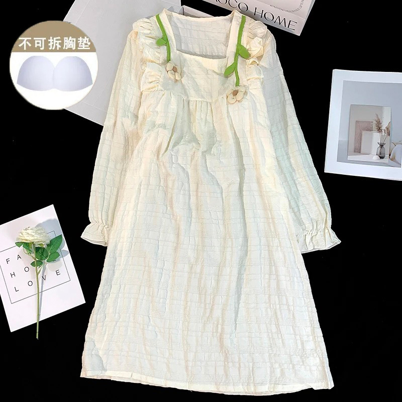 Pijamas de Manga Larga para Otoño e Invierno con Relleno en el Pecho para Mujer, Estilo Coreano 2025, Lindo Traje con Flores Pequeñas, Ropa de Dormir para Estudiantes