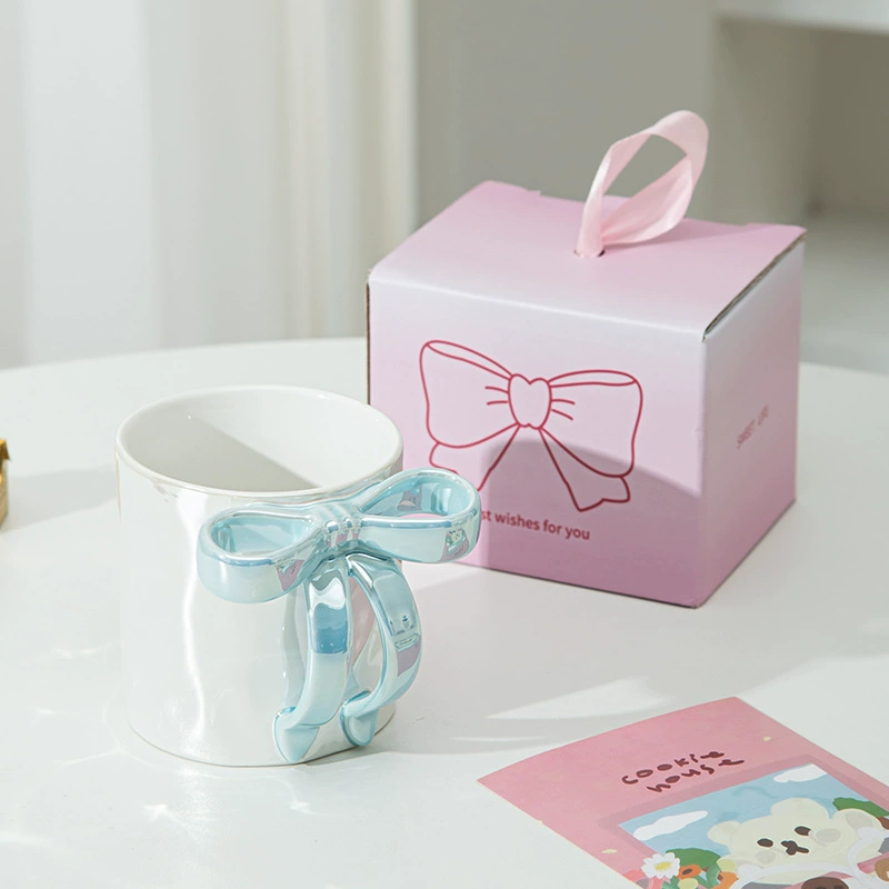 Ceramic Bow Mug, Electroplated Nordic Design, 350 ml, Decorative Handle Bow