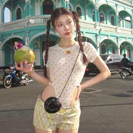 纯欲风辣妹碎花短袖连体衣女夏季新款设计感美式修身显瘦百搭上衣
