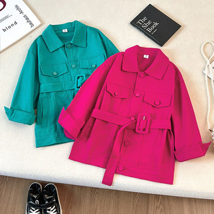 Girls Spring and Autumn New Denim Jacket 2025 Korean Style New Fashion Belt Solid Color Children's Denim Jacket Trendy