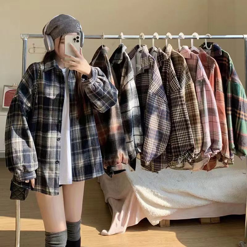 Brushed Thickened Wool Plaid Shirt for Women, Loose Mid-Length Autumn and Winter New Hong Kong Style Versatile Shirt Jacket Trendy