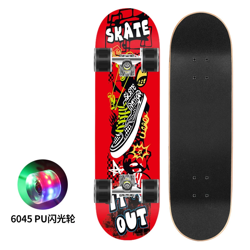 Polyurethane flash skateboard, 80×20 cm, double-kick deck, 6045 PU wheels, 300 lb load