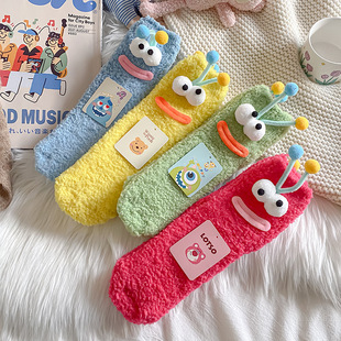 Cute Plush Socks Children's Autumn and Winter Thickened Mid-tube Socks Warm Coral Fleece Socks Home Sleeping Floor Socks Couple