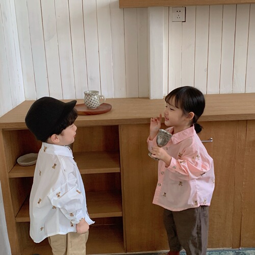 Children's long-sleeved shirts for boys and girls in spring and autumn  new pure cotton style embroidered bear shirt baby tops