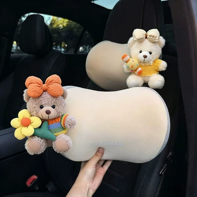 New Car Headrest Neck Pillow, Headrest - orange-tie-with-yellow-flower-rainbow-clothes-brown-bear-s-rice-knot-yellow-candy-white-edge-yellow-clothes-white-bear-a-pair-of-rice-neck-pillows