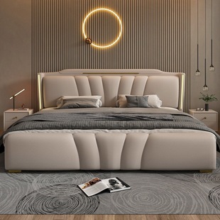 Italian Modern Simple Leather Bed Light Luxury Double Bed High-end Master Bedroom Internet-famous Leather Art Bed Household Storage Big Bed
